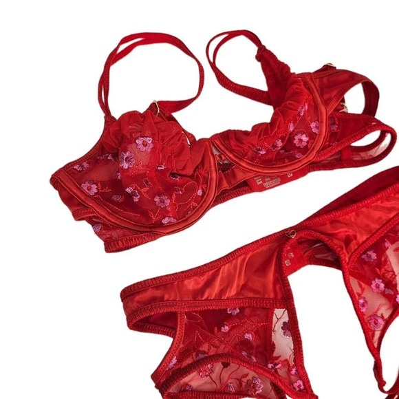 Lounge Katya Intimates Bra / Garter Set Size 34 A and M Garter Red Embroidered - Picture 11 of 13